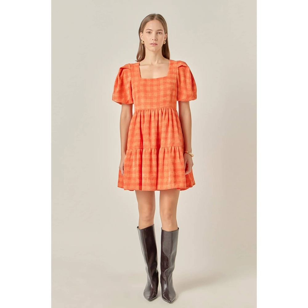 English Factory Tweed Babydoll Dress Size L Orange Plaid Puff Sleeve Tiered Mini